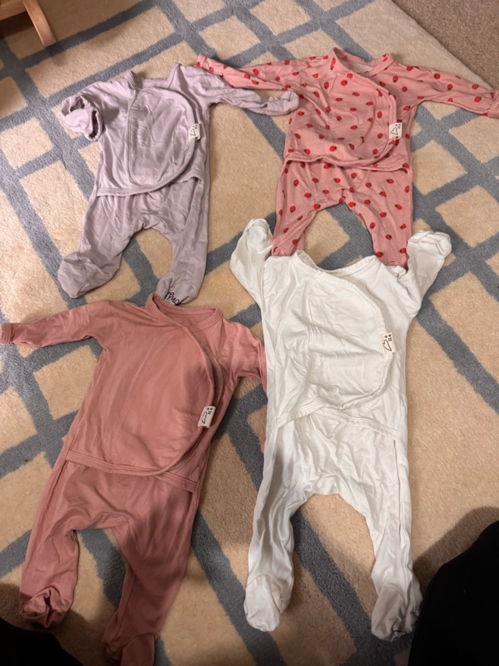 4-Pack Baby Footed One-Piece Set — Pink Strawberry, Lavender, Dusty Rose, White